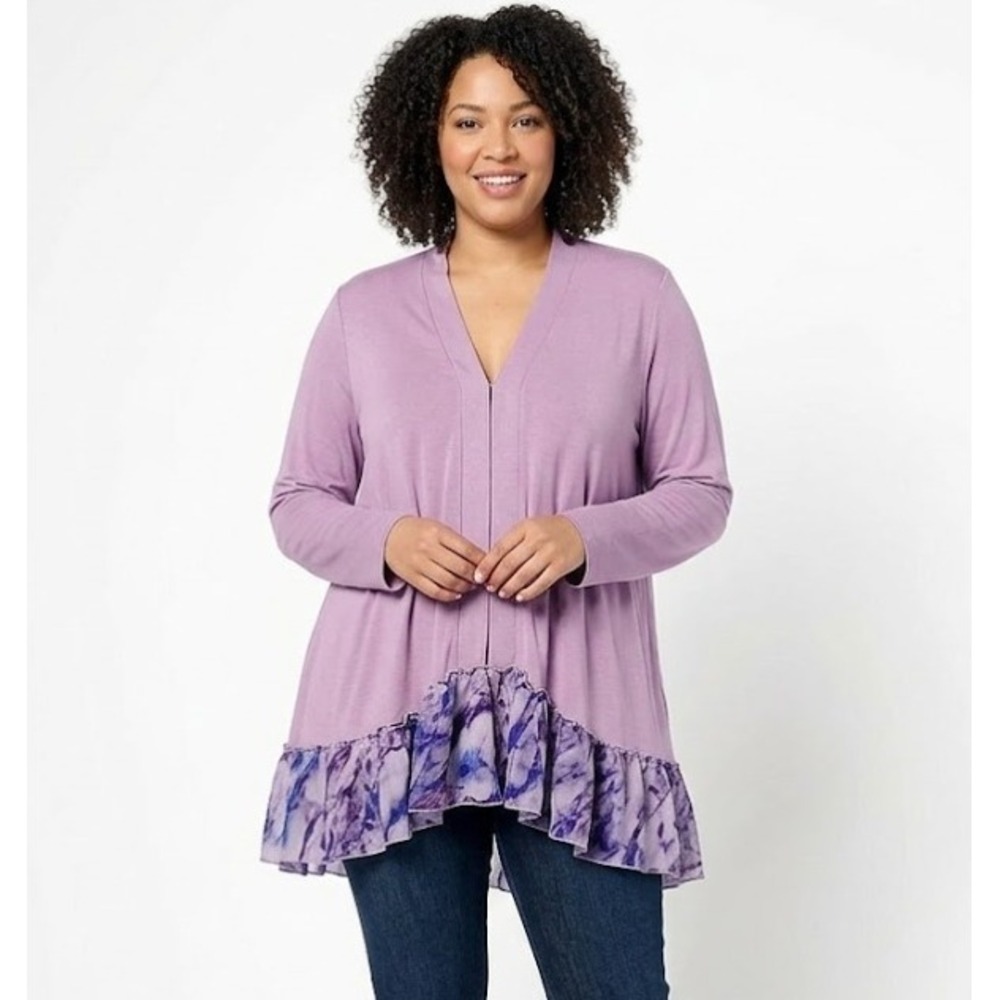 LOGO Lori Goldstein‎ One Hook Closure Ruffle Hem Stretch Knit Cardigan Large